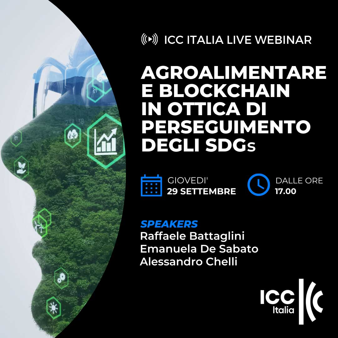Copertina del live webinar dal titolo "Agroalimentare e Blockchain in ottica di perseguimento degli SDGs"